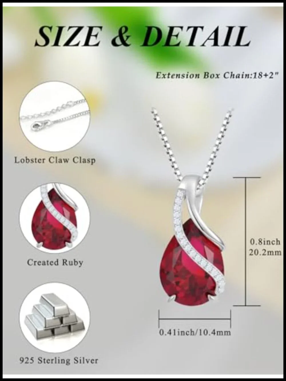 Sterling Silver Teardrop Pendant Necklace with Created Ruby Birthstone